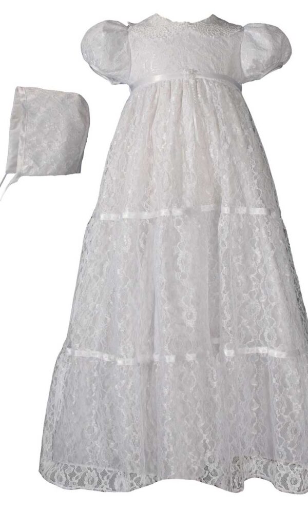 Girls Special Occasion 25 Cotton Christening Tricot Overlay Gown with Lace Bonnet