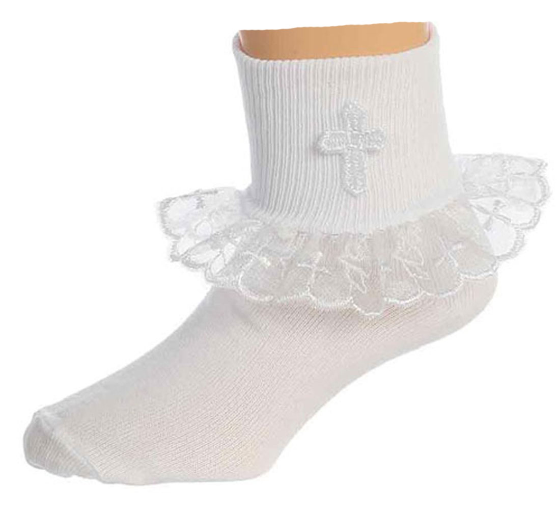 Girls White Baptism First Communion or Christening Socks with Cross 68