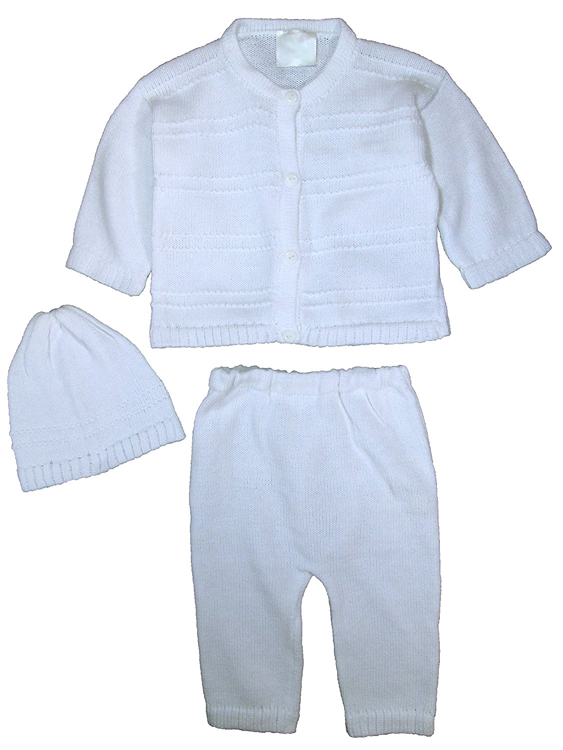 100 Cotton Knit White Boys Infant 3 Piece Button Up Sweater and Pants with Cap